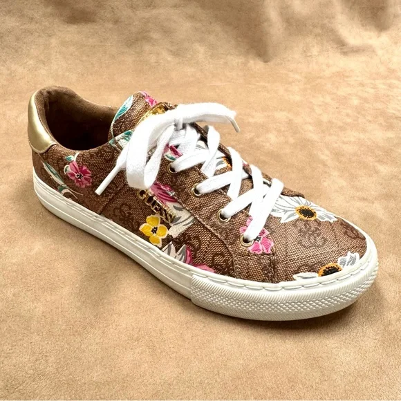 GUESS GW Loven 3 Brown Floral Logo Sneakers 8.5 EUC Shoes Designer Look - Picture 6 of 10